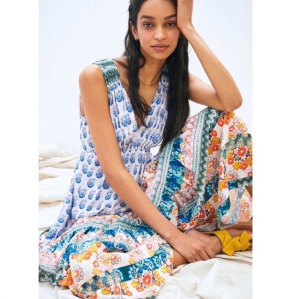Anthropologie Gathered Floral Maxi Dress VEUC